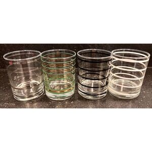 Vtg Towle Set Of 4 MCM Low Ball Striped‎ Glasses Black/White/Silver/Green & Gold